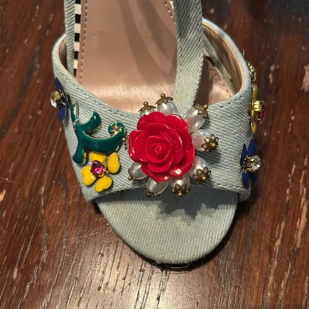 Betsey Johnson Red and Gray Heels with Floral Embellishments - Picture 2 of 7